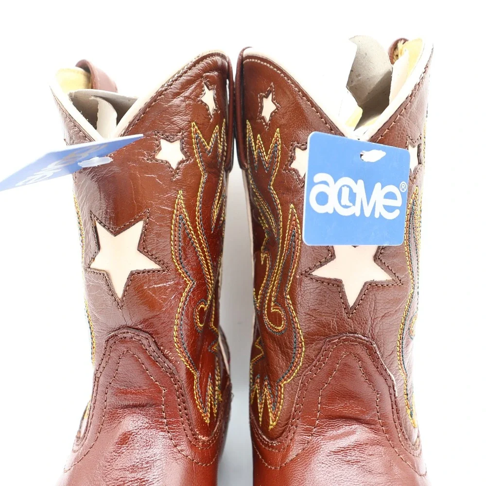 Acme Vintage Style Western Boots Kids 3 Brown Leather NWT AC146 Star Inlay
